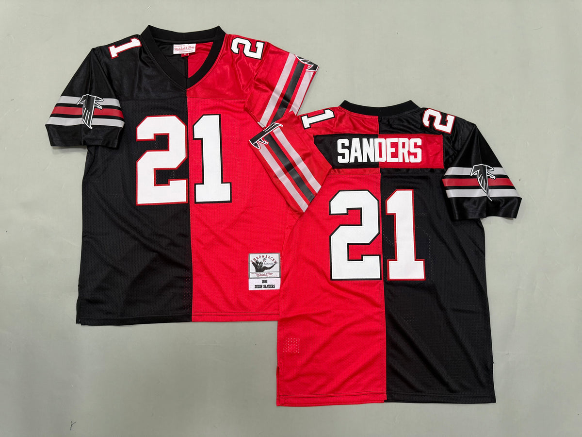 Men Deion Sanders #21 Atlanta Falcons Black/Red Split Vintage Throwback Jersey
