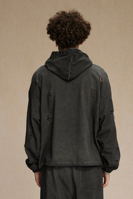 450GSM Distressed Drawstring Elastics Washed Hoodie