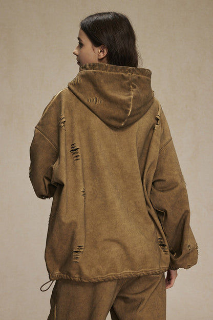 450GSM Distressed Drawstring Elastics Washed Hoodie