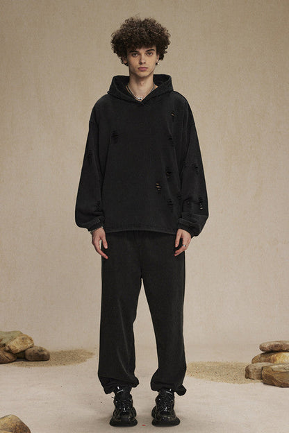 450GSM Distressed Drawstring Elastics Washed Hoodie