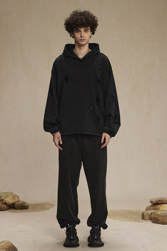 450GSM Distressed Drawstring Elastics Washed Hoodie