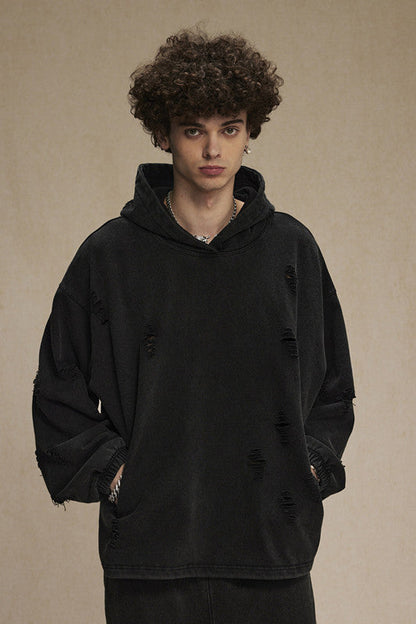 450GSM Distressed Drawstring Elastics Washed Hoodie