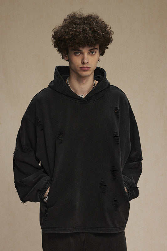 450GSM Distressed Drawstring Elastics Washed Hoodie