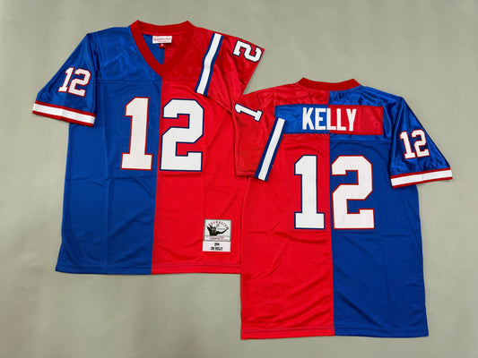 Mens Jim Kelly #12 Buffalo Bills Two-Tone Colorblock Vintage Throwback Jersey