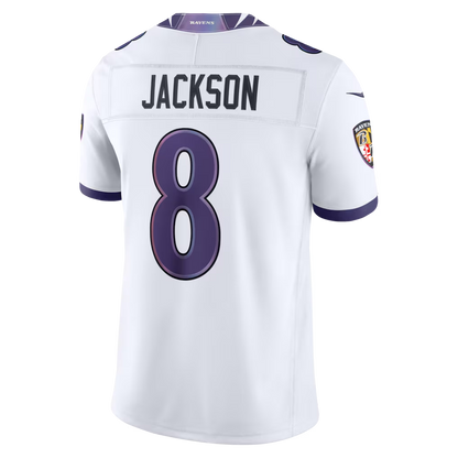 Men's Baltimore Ravens Lamar Jackson White Vapor F.U.S.E. Sewn Down Limited Jersey