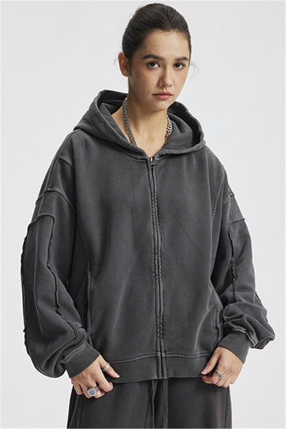 430GSM Boxy Fit Splicing Washed Zip Up Jacket