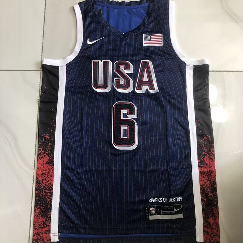 2024 USA Basketball Team LeBron James #6 blue Throwback Jersey -  Dense Embroidery