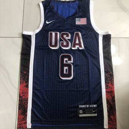 2024 USA Basketball Team LeBron James #6 blue Throwback Jersey -  Dense Embroidery