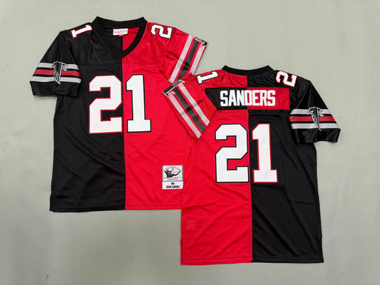 Men Deion Sanders #21 Atlanta Falcons Black/Red Split Vintage Throwback Jersey