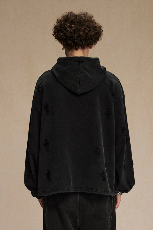 450GSM Distressed Drawstring Elastics Washed Hoodie