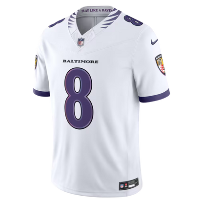 Men's Baltimore Ravens Lamar Jackson White Vapor F.U.S.E. Sewn Down Limited Jersey