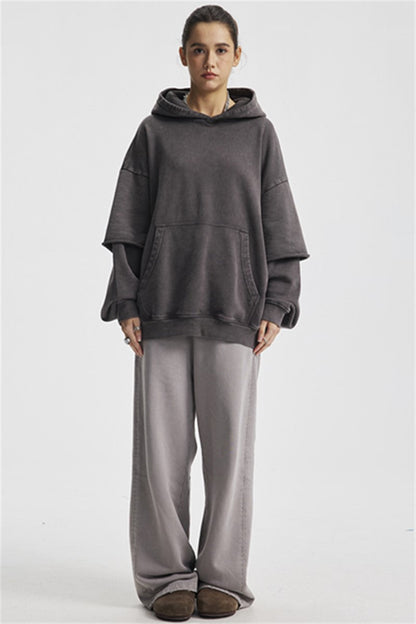 430GSM Fake Double Sleeve Washed Hoodie