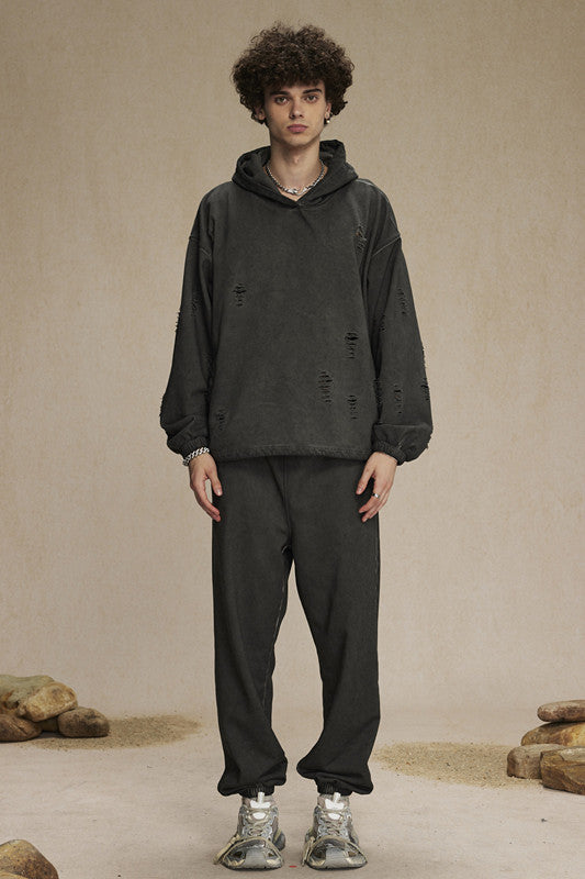 450GSM Distressed Drawstring Elastics Washed Hoodie
