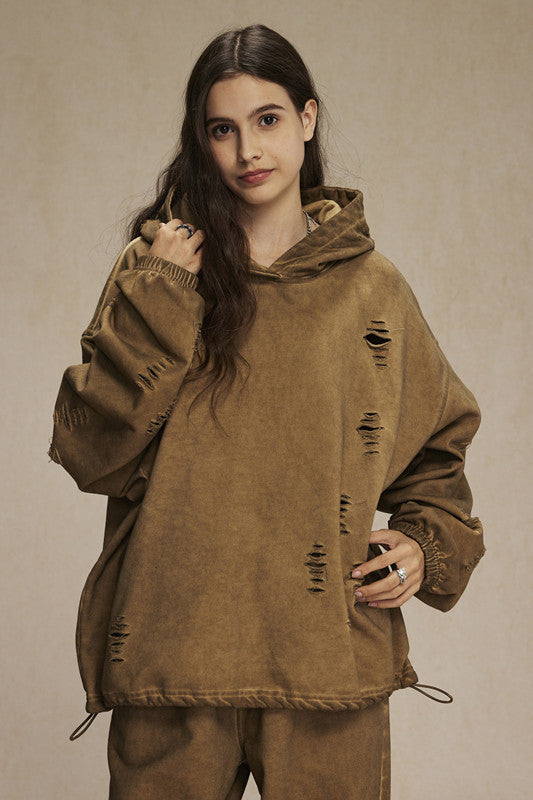 450GSM Distressed Drawstring Elastics Washed Hoodie