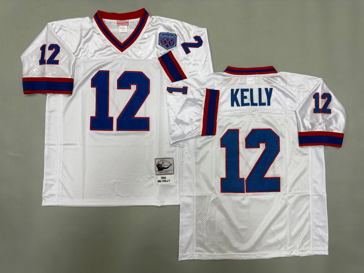 Mens Jim Kelly #12 Buffalo Bills White 1994 Vintage Throwback Jersey