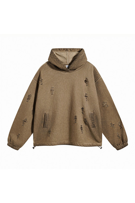 450GSM Distressed Drawstring Elastics Washed Hoodie