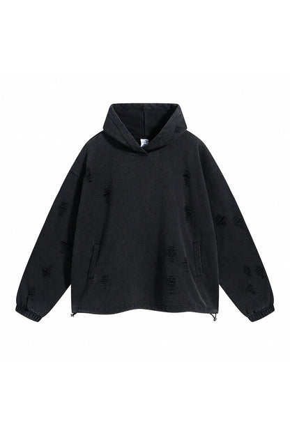 450GSM Distressed Drawstring Elastics Washed Hoodie