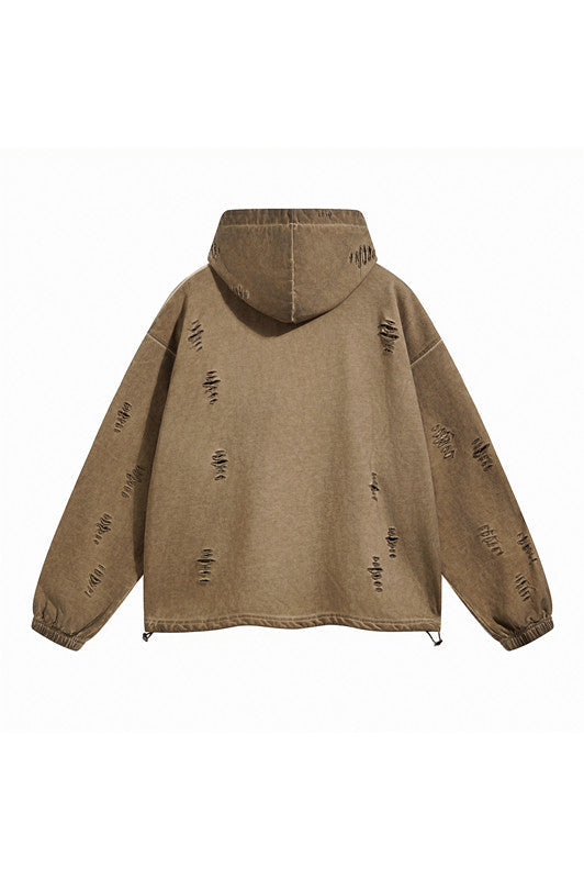 450GSM Distressed Drawstring Elastics Washed Hoodie