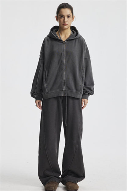 430GSM Boxy Fit Splicing Washed Zip Up Jacket