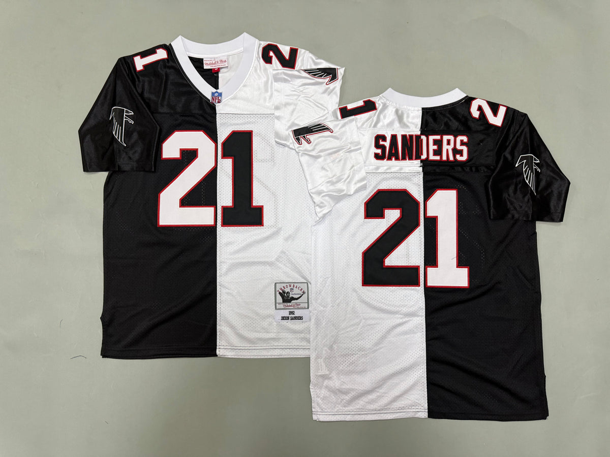 Men Deion Sanders #21 Atlanta Falcons Black/White Split Vintage Throwback Jersey