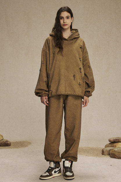 450GSM Distressed Drawstring Elastics Washed Hoodie