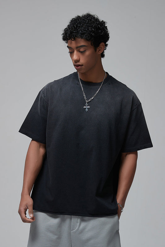 250GSM Gradient Spray Washed Distressed Tee
