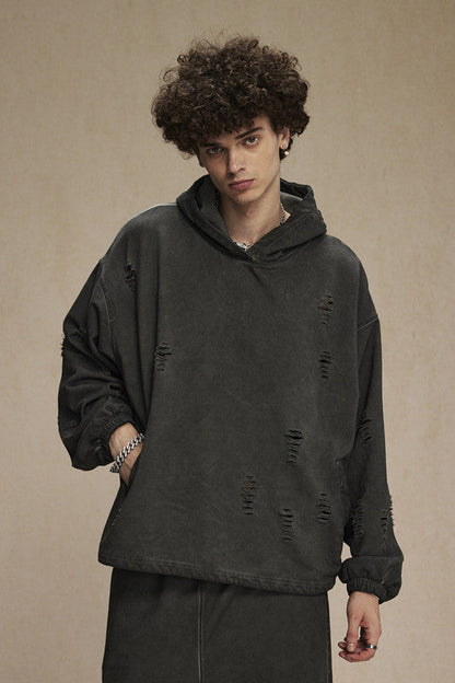 450GSM Distressed Drawstring Elastics Washed Hoodie