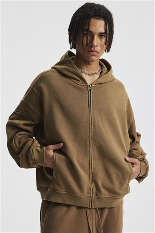 430GSM Boxy Fit Splicing Washed Zip Up Jacket